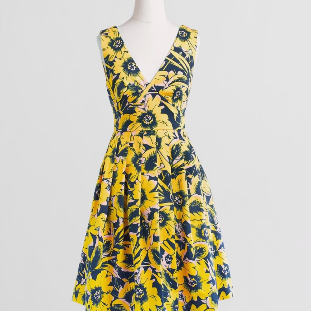 J. Crew Yellow and Blue Sleeveless V-Neck Midi Dress